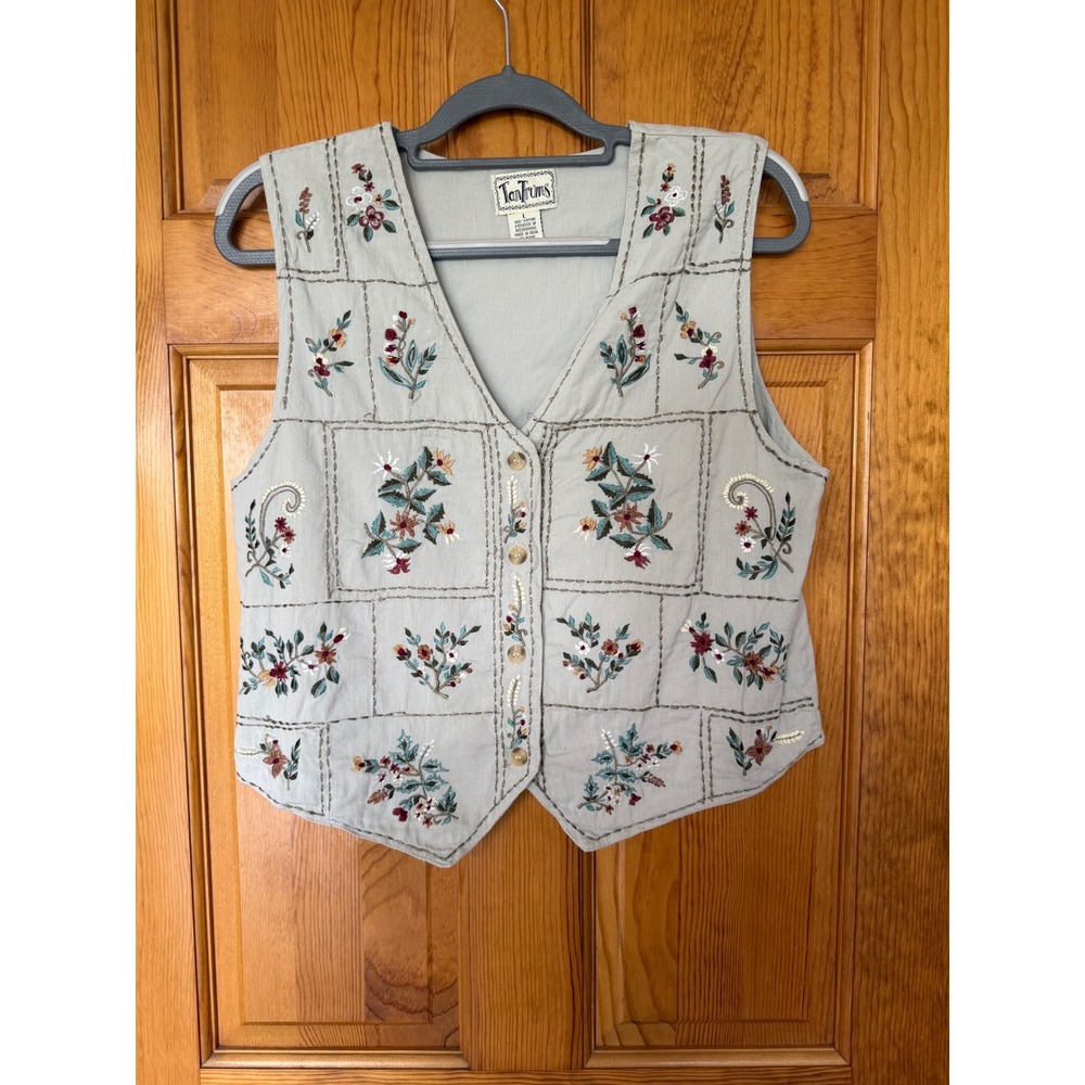 TanTrums Vintage Floral Embroidered Corduroy Vest Sage Green Boho Cottagecore L